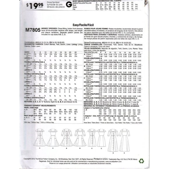 McCall's M7805 Misses 6 to 14 Off The Shoulder Dresses Sewing Pattern New - Picture 2 of 2